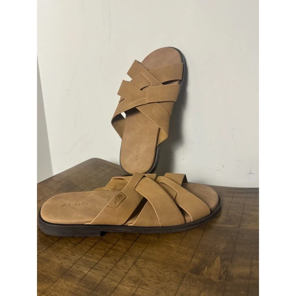 ALDO Men’s Size 7 Tan Woven Strappy Slide Sandals Casual Slip On
